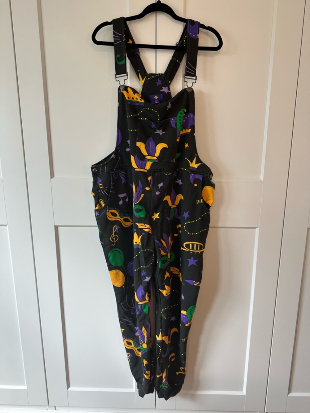Unisex Black Mardi Gras Print Overalls, size 2XL